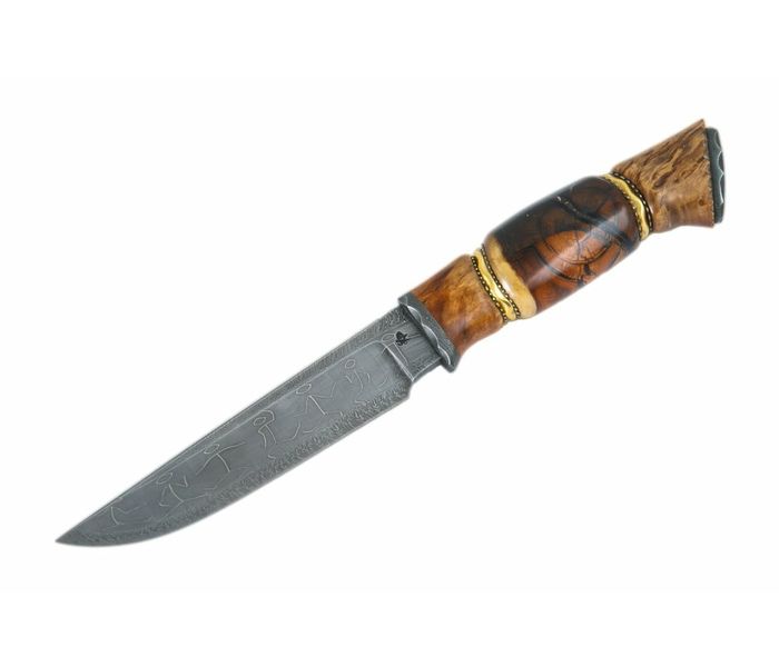 Авторский нож ручной работы - клинок Дамаск (кузнец Матвеев) рукоять стаб. бивень моржа, дерево шпальт
