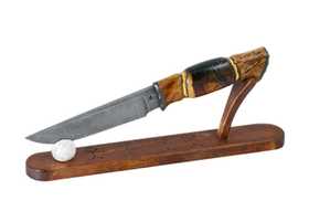 Авторский нож ручной работы - клинок Дамаск (кузнец Матвеев) рукоять стаб. бивень моржа, дерево шпальт