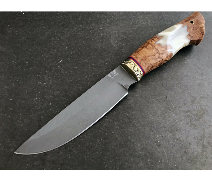 Эксклюзивный охотничий нож Горностай, порошковая сталь S390, рукоять гибрид карельская береза