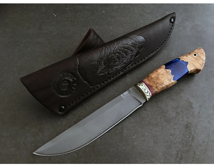 Эксклюзивный охотничий нож Шаман, порошковая сталь S390, рукоять гибрид карельская береза