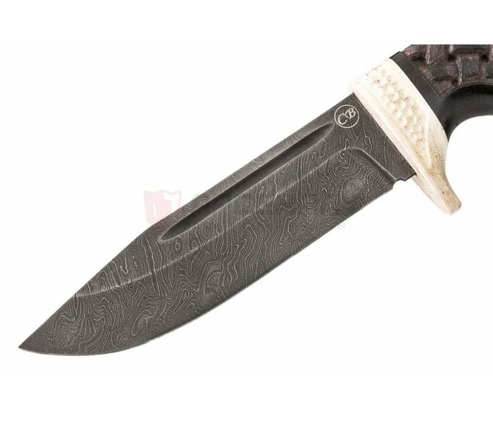 Эксклюзивный охотничий нож Сибиряк: дамасская сталь, рукоять венге, ножны венге, резьба по дереву