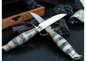 Нож Финка ВМФ из стали Х12МФ авторская, наборная рукоять карельская береза, кожаные ножны, не разборная