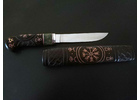 Финский нож ручной работы 'Puukko' из стали кованой D2, рукоять и ножны черный граб, инкрустация