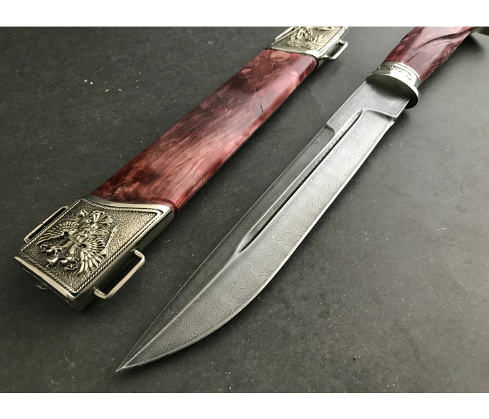 Казачий нож Пластунский-2 из стали Дамаск, рукоять и ножны карельская береза, литье