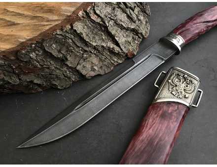 Казачий нож Пластунский-2 из стали Дамаск, рукоять и ножны карельская береза, литье