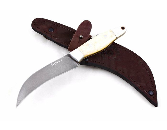 Кухонный нож ручной работы 'Коготок' из стали Булат, рукоять белый камень, дюраль