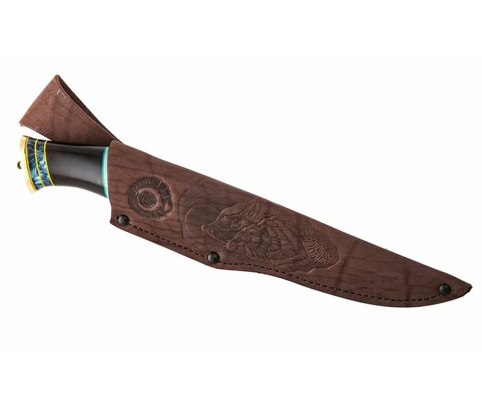 Нож Финский: сталь Ламинированная, рукоять черный граб вставки акрил, карельская береза