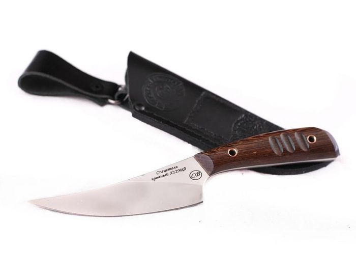 Нож кухонный ручной работы Барсук из стали х12мф, рукоять цельнометаллическая, махагон