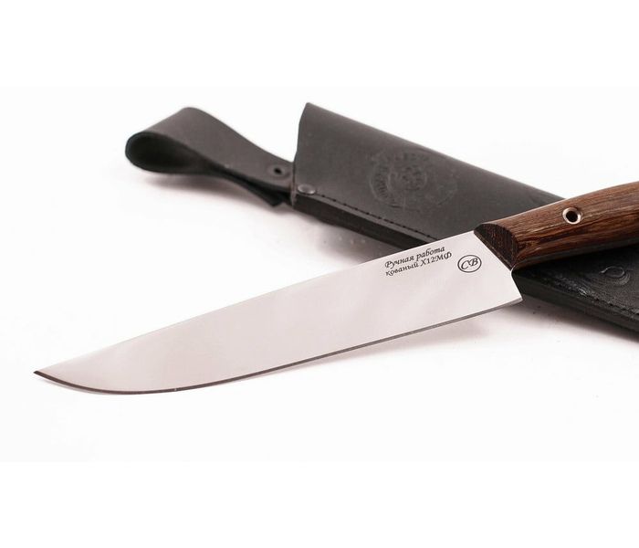 Нож кухонный ручной работы Повар 2 из стали х12мф, рукоять цельнометаллическая, махагон