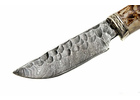 Нож Охотник малый: сталь дамаск, каменный век, резная рукоять рог лося,художественный рисунок