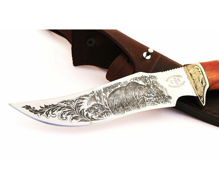Нож ручной работы 'Дрозд' из стали кованой 95х18, с гравировкой рукоять сапеле, литьё