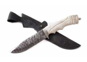 Нож ручной работы Егерь: сталь дамаск,каменный век, рукоять рог лося