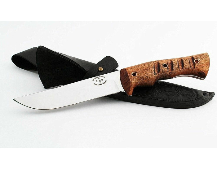 Нож ручной работы Горностай из стали кованой 95х18 рукоять цельнометаллическая махагон