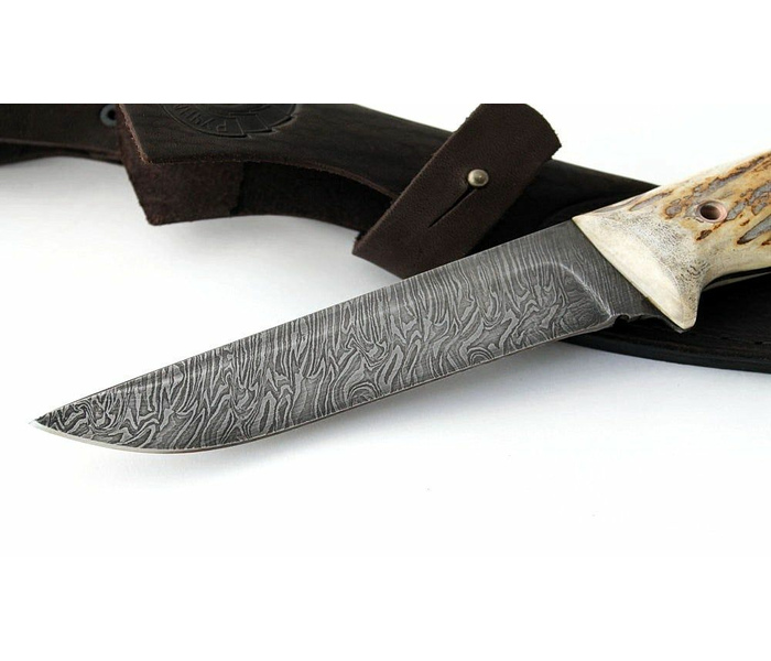 Нож ручной работы Горностай: сталь дамаск, рукоять цельнометаллическая рог лося
