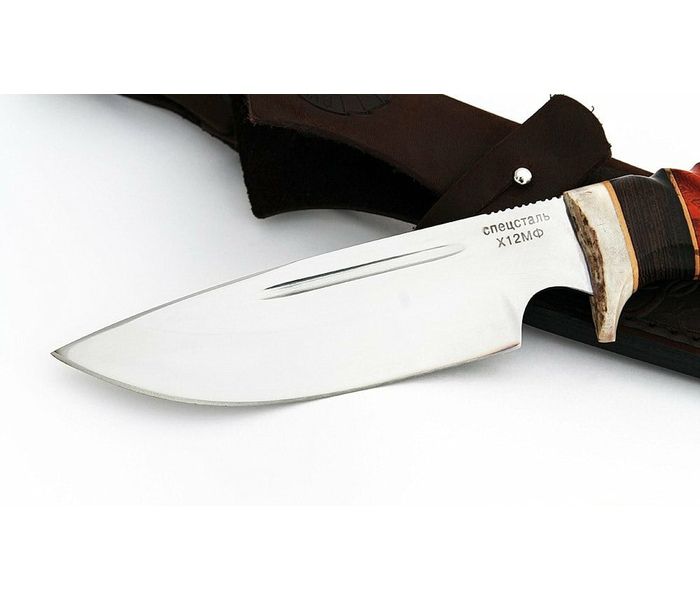 Нож ручной работы Казбек из стали х12мф, дол, резаная рукоять падук-венге