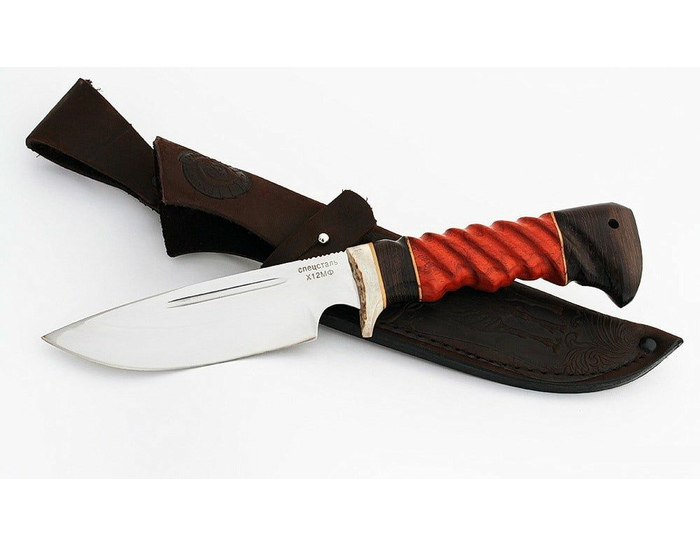 Нож ручной работы Казбек из стали х12мф, дол, резаная рукоять падук-венге
