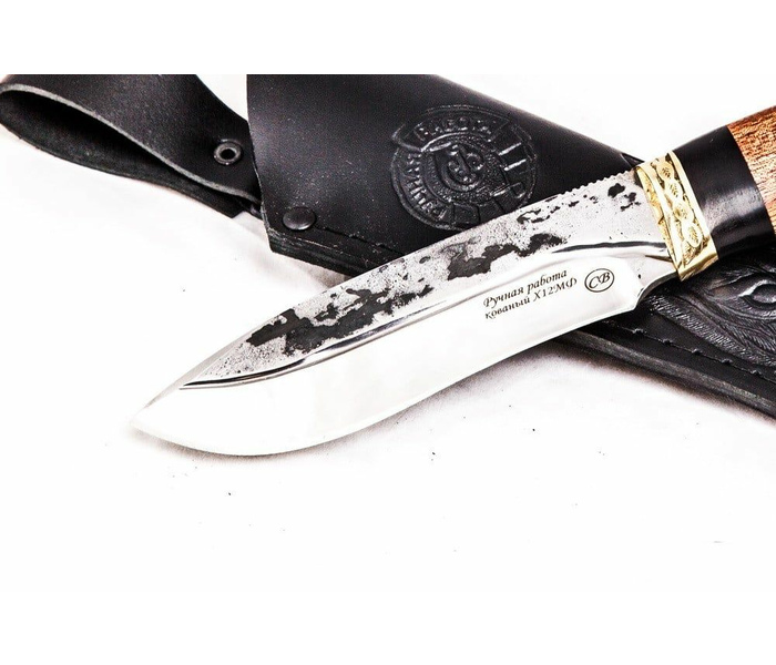 Нож ручной работы Коршун из стали х12мф кривой дол, рукоять граб-махагон