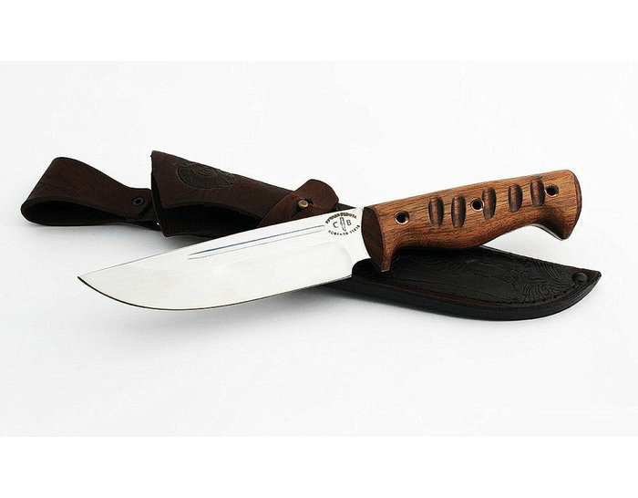 Нож ручной работы Охотник из кованой стали 95х18,цельнометаллический, дол, рукоять махагон