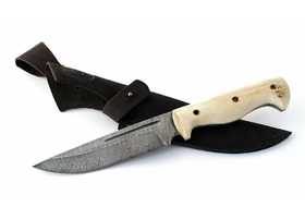 Нож ручной работы Охотник: сталь дамаск, дол, рукоять цельнометаллическая, рог лося