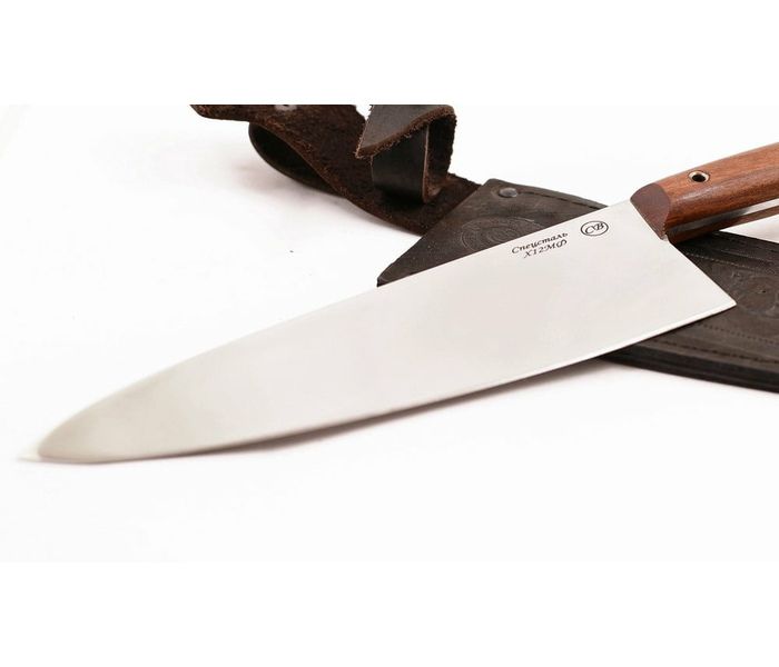 Нож ручной работы Повар 1: сталь х12мф, рукоять цельнометаллическая, махагон
