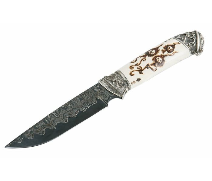 нож ручной работы Росомаха из стали Ламинированной, рукоять рог лося, ножны рог лося, мельхиор