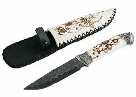 нож ручной работы Росомаха из стали Ламинированной, рукоять рог лося, ножны рог лося, мельхиор