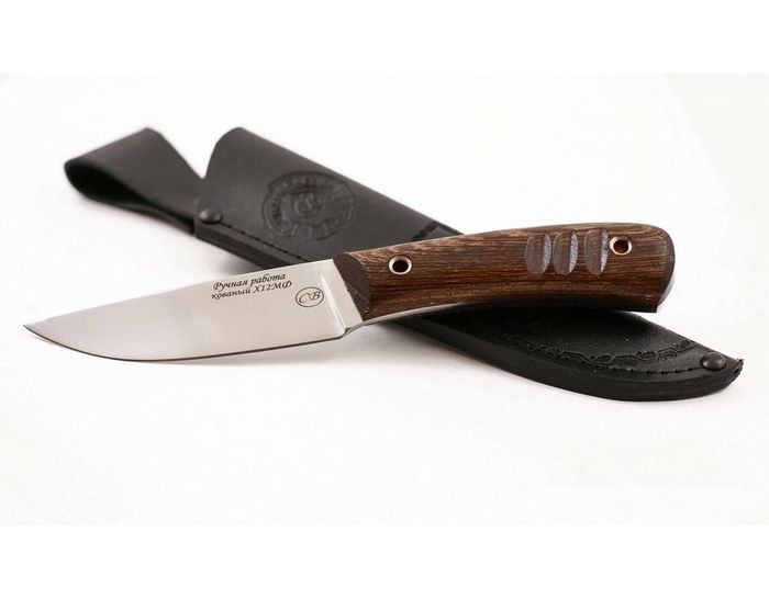 Нож ручной работы Сайга из стали х12мф, рукоять цельнометаллическая, махагон