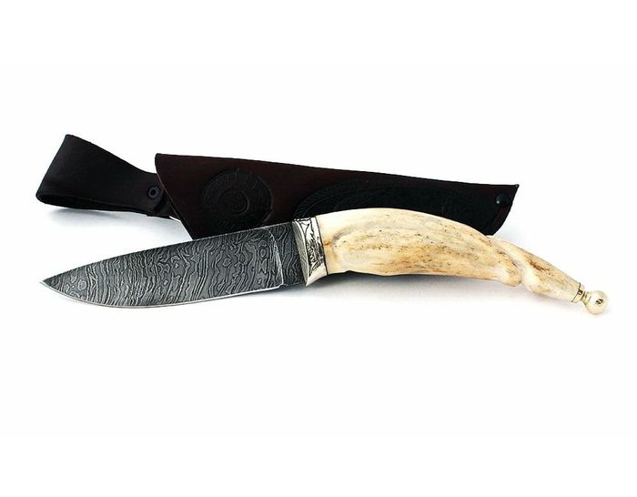 Нож ручной работы Сайга: сталь дамаск, резная рукоять рог лося
