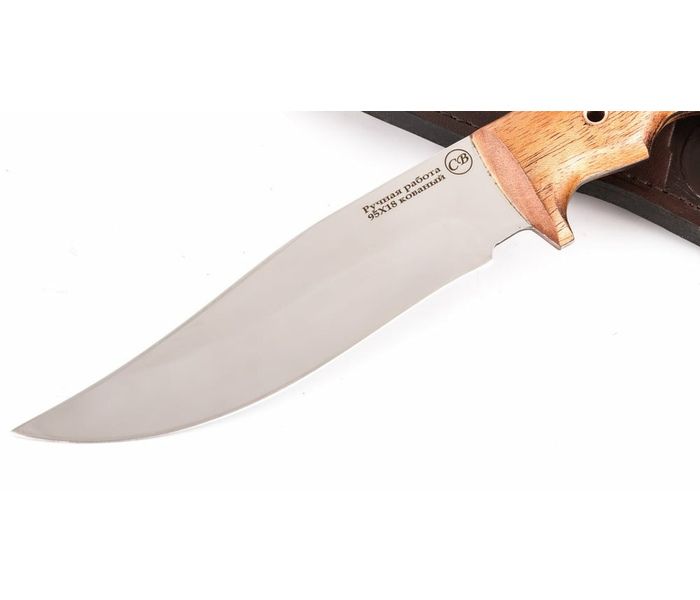 Нож ручной работы 'Сапсан' из стали кованой 95Х18, рукоять цельнометаллическая, махагон