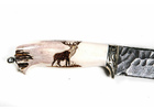 Нож ручной работы Волкодав: сталь дамаск, каменный век, резная рукоять рог лося,художественный рисунок