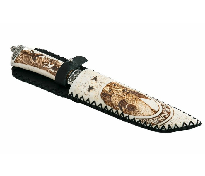 нож ручной работы Хищник: сталь Ламинированная, рукоять рог лося, ножны рог лося, мельхиор