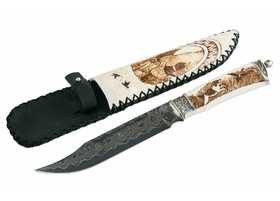 нож ручной работы Хищник: сталь Ламинированная, рукоять рог лося, ножны рог лося, мельхиор