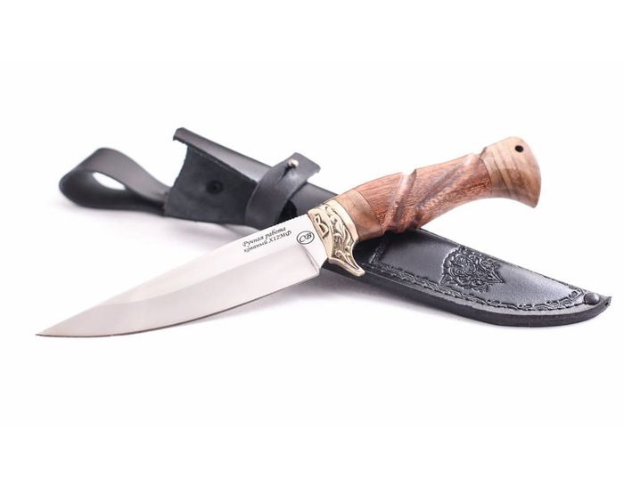 Нож ручной работы Ягуар из стали х12мф, резная рукоять орех-венге