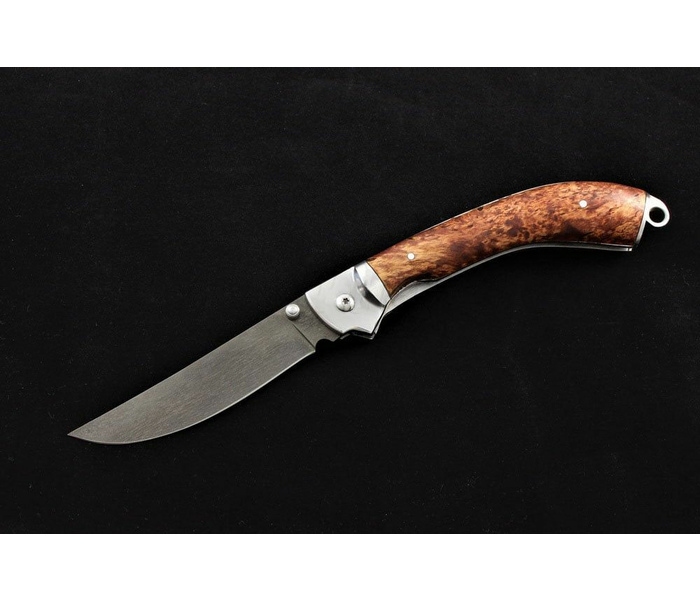Складной нож ручной работы Казбек-2 из стали булат, рукоять карельская береза