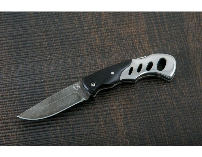 Складной нож ручной работы Скат - 2 из стали дамаск рукоять черный граб - дюраль