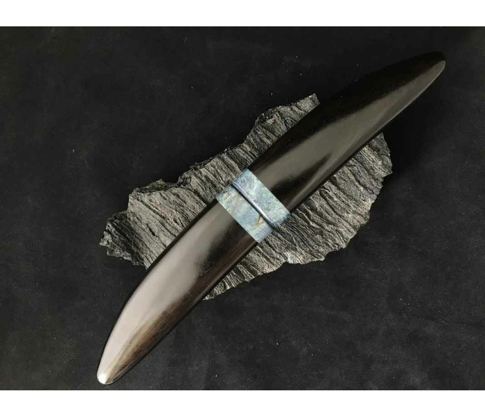Якутский нож ручной работы 'Клык малый' с двумя лезвиями из стали кованой 110Х18, дамаск рукоять и ножны черный граб
