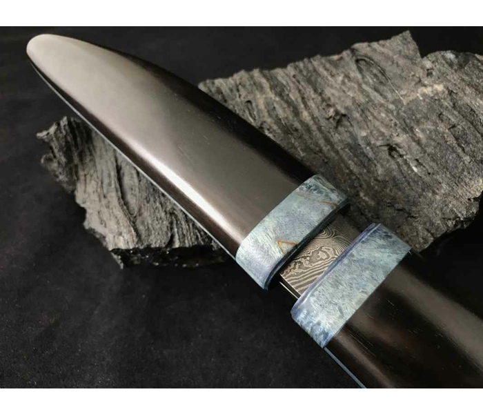 Якутский нож ручной работы 'Клык средний' с двумя клинками из стали кованой 110Х18, дамаск рукоять черный граб, ножны черный граб