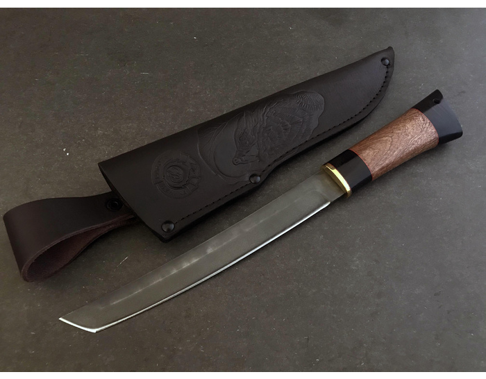 Японский меч 'Мини - Танто' сталь Булат, рукоять граб / сапеле, кожаные ножны